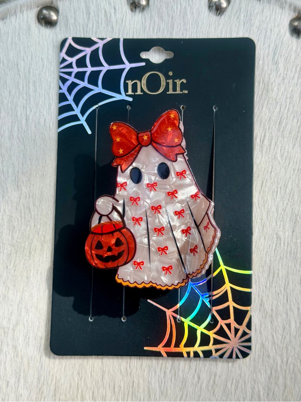 nOir Girly Ghost Halloween Hair Claw Clip Acrylic White Orange Bows Coquette New